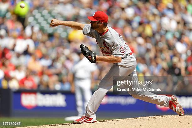 Jake Westbrook of the St. Louis Cardinals pitches in the bottom of the first inning against the Milwaukee Brewers at Miller Park on August 21, 2013...