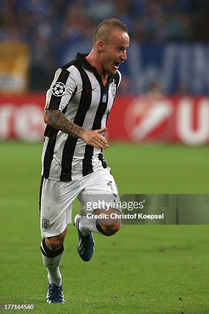 Miroslav Stoch of Saloniki celebrates the first goal during the UEFA Champions League Play-off first leg match between FC Schalke 04 and PAOK...