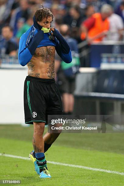 Jermaine Jones of Schalke looks dejected after the UEFA Champions League Play-off first leg match between FC Schalke 04 and PAOK Saloniki at...