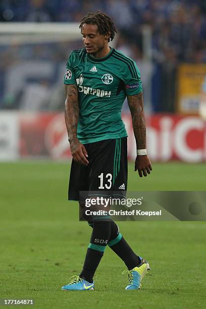 Jermaine Jones of Schalke looks dejected after the UEFA Champions League Play-off first leg match between FC Schalke 04 and PAOK Saloniki at...