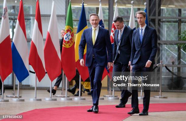 German Federal Minister of Finance Christian Lindner talks to media prior the start of an EU finance Ministers meeting in the Europa, the EU Council...