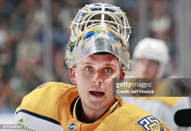 Kevin Lankinen of the Nashville Predators looks on from his crease during their NHL game against the Vancouver Canucks at Rogers Arena October 31,...