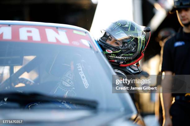 Hailie Deegan, driver of the Pit Boss Ford, enters her truck during practice for the NASCAR Craftsman Truck Series Craftsman 150 at Phoenix Raceway...