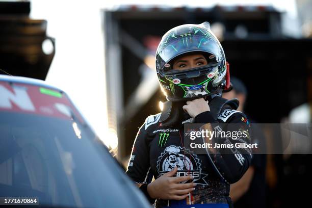 Hailie Deegan, driver of the Pit Boss Ford, prepares to practice for the NASCAR Craftsman Truck Series Craftsman 150 at Phoenix Raceway on November...