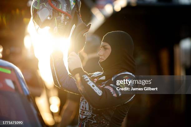 Hailie Deegan, driver of the Pit Boss Ford, prepares to practice for the NASCAR Craftsman Truck Series Craftsman 150 at Phoenix Raceway on November...