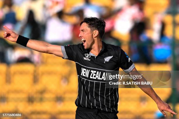 New Zealand's Trent Boult appeals for leg before wicket against Sri Lanka's Maheesh Theekshana during the 2023 ICC Men's Cricket World Cup one-day...