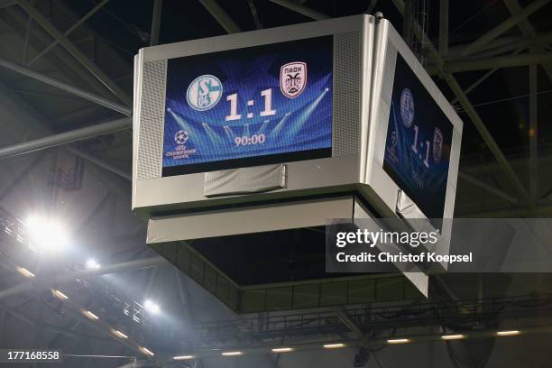 The video tube shows the result of the UEFA Champions League Play-off first leg match between FC Schalke 04 and PAOK Saloniki at Veltins-Arena on...