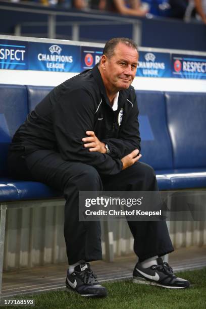 Head coach Huub Stevens of Saloniki looks on prior to the UEFA Champions League Play-off first leg match between FC Schalke 04 and PAOK Saloniki at...