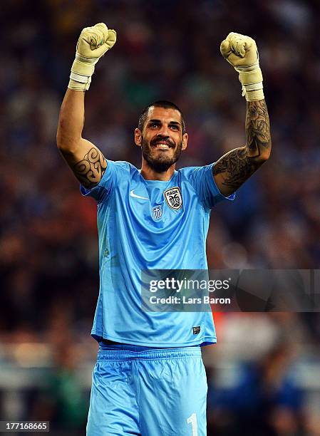 Goalkeeper Jacobo of Saloniki celebrates during the UEFA Champions League Play-off first leg match between FC Schalke 04 and PAOK Saloniki at...