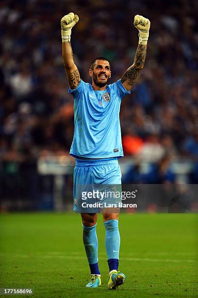 Goalkeeper Jacobo of Saloniki celebrates during the UEFA Champions League Play-off first leg match between FC Schalke 04 and PAOK Saloniki at...