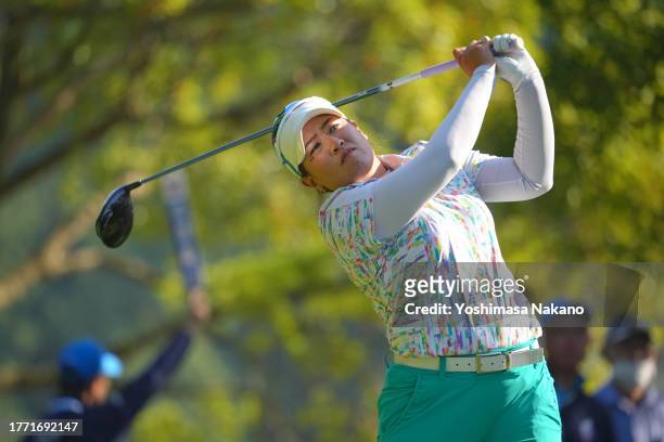 Jasmine Suwannapura of Thailand hits her tee shot on the 4th hole during the second round of the TOTO Japan Classic at the Taiheiyo Club's Minori...