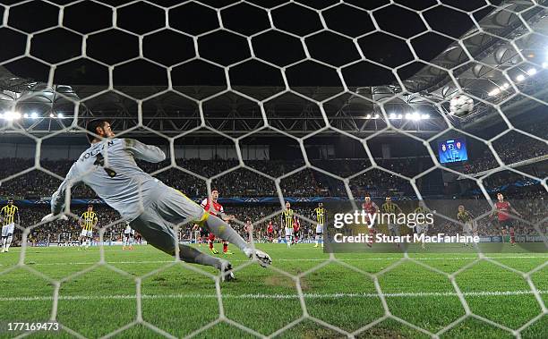 Olivier Giroud shoots past Fenerbache goalkpper Volkan Demirel from the penalty spot to score the 3rd Arsenal goal during the UEFA Champions League...