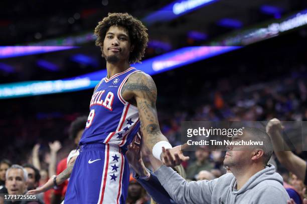 Kelly Oubre Jr. #9 of the Philadelphia 76ers reacts after scoring during the fourth quarter against the Toronto Raptors at the Wells Fargo Center on...