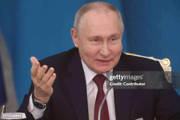 Russian President Vladimir Putin speaks during Russian-Kazakh meeting at the Ak Orda Presidential Palace, November 9, 2023 in Astana, Kazakhstan....