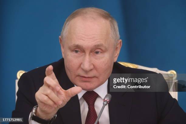 Russian President Vladimir Putin speaks during Russian-Kazakh meeting at the Ak Orda Presidential Palace, November 9, 2023 in Astana, Kazakhstan....