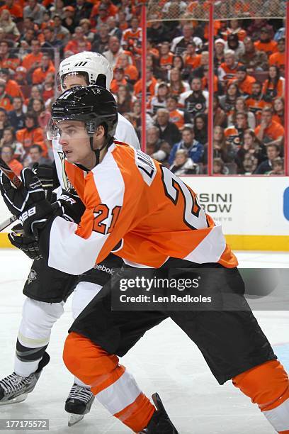 Scott Laughton of the Philadelphia Flyers skates against the Pittsburgh Penguins on January 19, 2013 at the Wells Fargo Center in Philadelphia,...