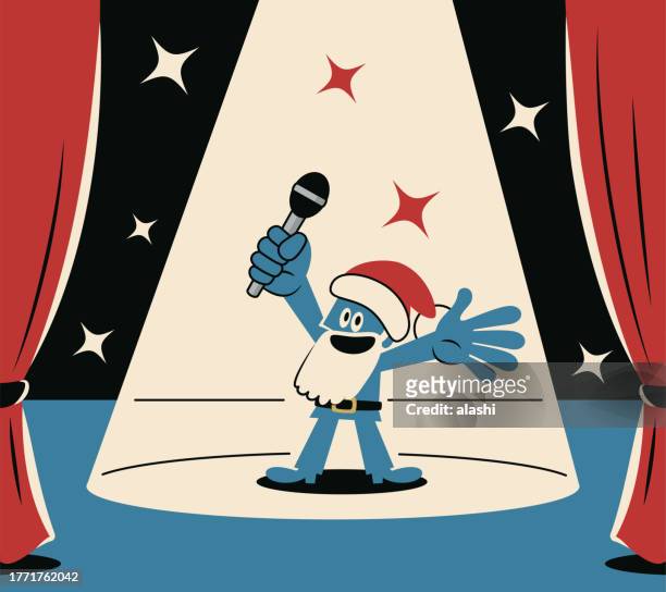 happy blue santa claus blessing everyone and announcing good news with a microphone on stage with a spotlight - tache sang stock illustrations