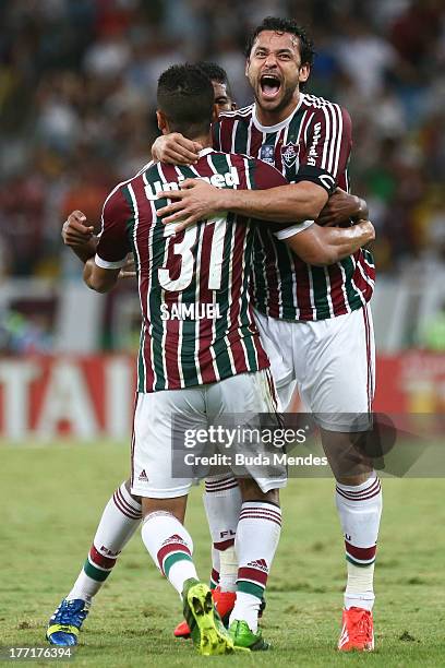 Samuel and Fred of Fluminense celebrate a scored goal during a match between Fluminense and Goias as part of Brazilian Cup 2013 at Maracana Stadium...