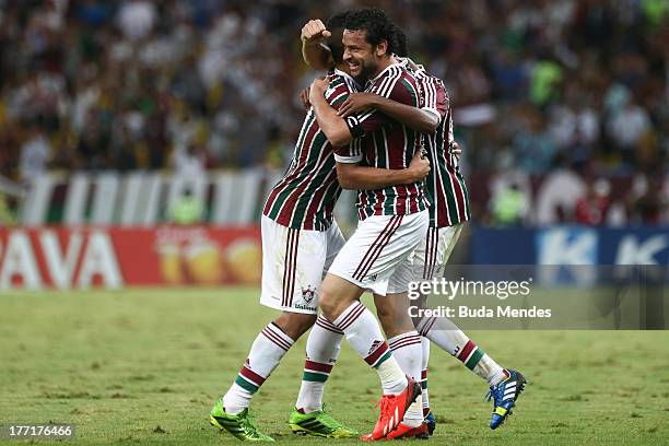 Samuel and Fred of Fluminense celebrate a scored goal during a match between Fluminense and Goias as part of Brazilian Cup 2013 at Maracana Stadium...