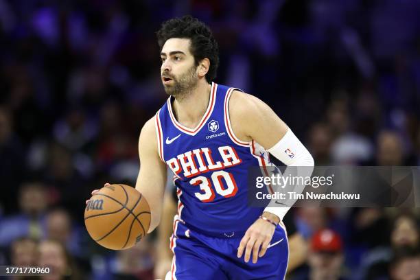 Furkan Korkmaz of the Philadelphia 76ers dribbles during the third quarter against the Toronto Raptors at the Wells Fargo Center on November 02, 2023...