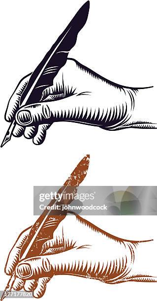 ilustraciones, imágenes clip art, dibujos animados e iconos de stock de mano y pluma - quill pen