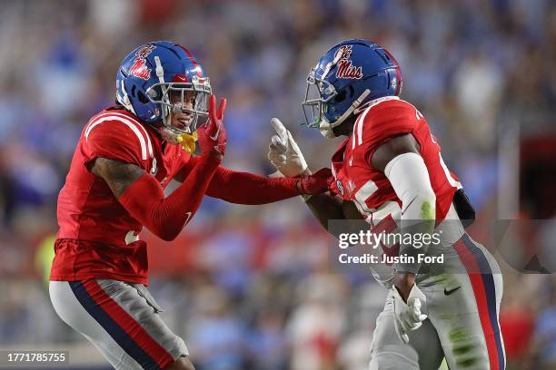 Daijahn Anthony of the Mississippi Rebels and Trey Washington of the Mississippi Rebels celebrate during the game against the Vanderbilt Commodores...