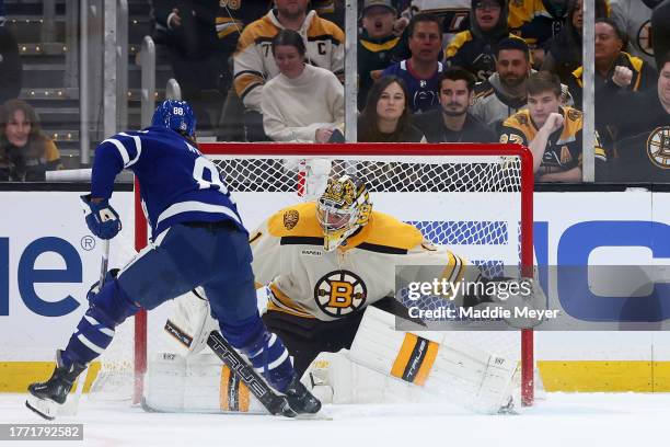 Jeremy Swayman of the Boston Bruins saves a shot from William Nylander of the Toronto Maple Leafs in the shootout at TD Garden on November 02, 2023...