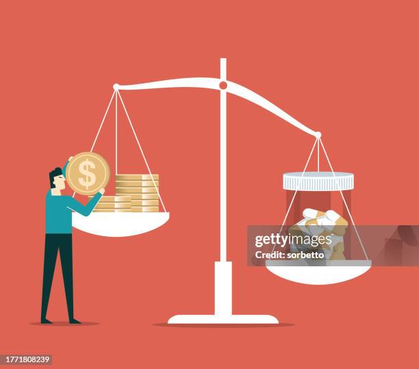 pills, money on scale - equal pay stock illustrations