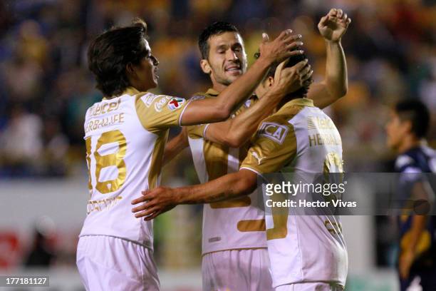 Robin Ramirez of Pumas celebrates with his teammates during a match between San Luis and Pumas as part of the Apertura 2013 Copa MX at Alfonso...