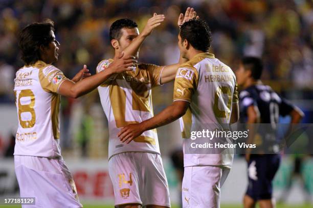 Robin Ramirez of Pumas celebrates with his teammates during a match between San Luis and Pumas as part of the Apertura 2013 Copa MX at Alfonso...