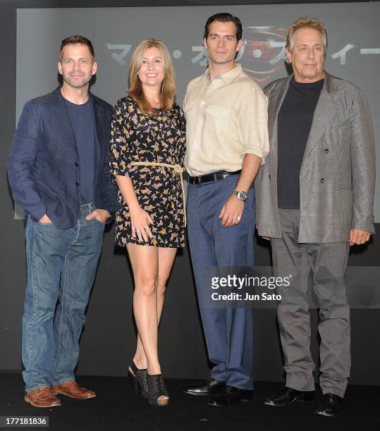 Director Zack Snyder, producer Deborah Snyder, actor Henry Cavill and producer Charles Roven attend the "Man of Steel" press conference at the Grand...