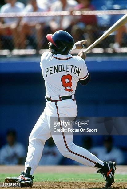 Terry Pendleton of the Atlanta Braves bats during an Major League Baseball game circa 1994 at Atlanta-Fulton County Stadium in Atlanta, Georgia....