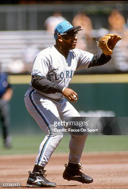 Terry Pendleton of the Florida Marlins in action against the San Francisco Giants during an Major League Baseball game circa 1996 at Candlestick Park...