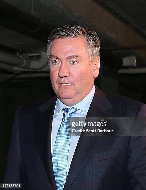 Collingwood president Eddie McGuire arrives at a special meeting of all 18 AFL Club Presidents at AFL House on August 22, 2013 in Melbourne,...