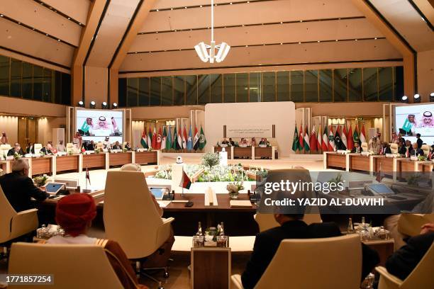 Arab foreign ministers attend a preparatory meeting ahead of the extra-ordinary Arab League summit in Riyadh on November 9 amid the ongoing battles...