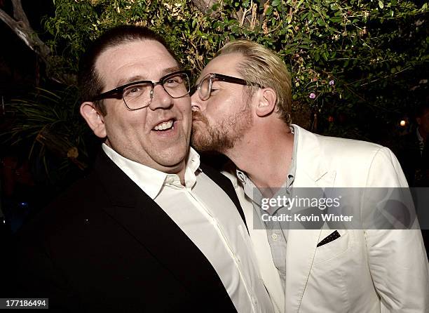 Actors Nick Frost and Simon Pegg pose at the after party for the premiere of Focus Features' "The World's End" at the Cat and Fiddle on August 21,...