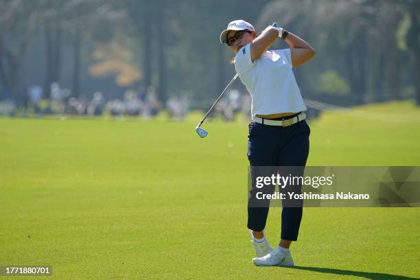 Nasa Hataoka of Japan hits her second shot on the 9th hole during the second round of the TOTO Japan Classic at the Taiheiyo Club's Minori Course on...