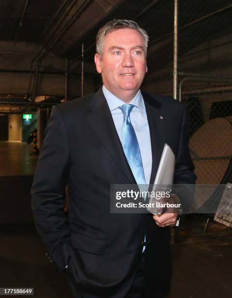 Collingwood president Eddie McGuire leaves after attending a special meeting of all 18 AFL Club Presidents at AFL House on August 22, 2013 in...