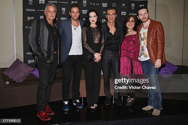 Actor Alexis Ayala, singer Mane de la Parra, Dita Von Teese, actor Adrian Uribe, Ingrid Barajas and Abel Gonzalez of 212 Productions attend a press...