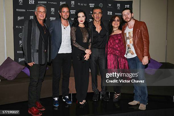 Actor Alexis Ayala, singer Mane de la Parra, Dita Von Teese, actor Adrian Uribe, Ingrid Barajas and Abel Gonzalez of 212 Productions attend a press...