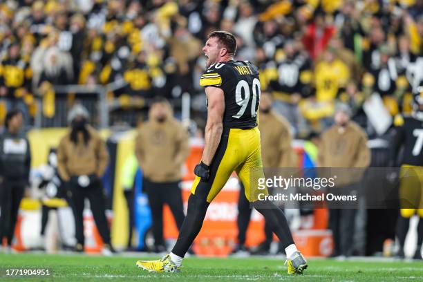 Watt of the Pittsburgh Steelers reacts after making a tackle with his helmet off during an NFL football game between the Pittsburgh Steelers and the...