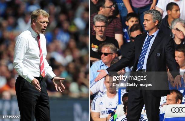 In this composite image a comparison has been made between David Moyes, Manager of Manchester United and Jose Mourinho, Manager of Chelsea....