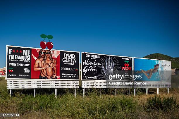 Billboards of Pacha and Destino clubs are displayed on August 21, 2013 in Ibiza, Spain. The small island of Ibiza lies within the Balearics islands,...