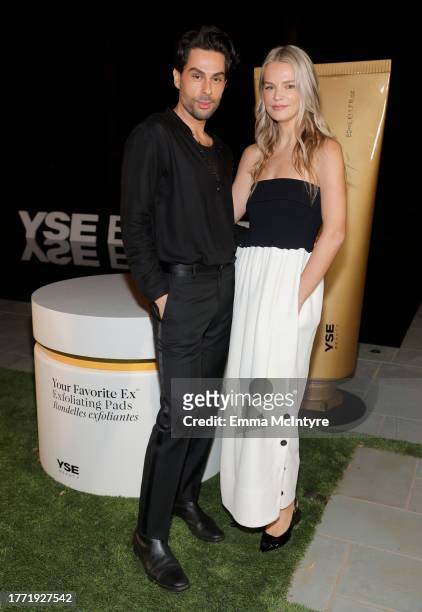 Joey Maalouf and Kelly Sawyer Patricof attend "Celebrating the Magic and Meaning Behind YSE Beauty" on November 02, 2023 in Pacific Palisades,...