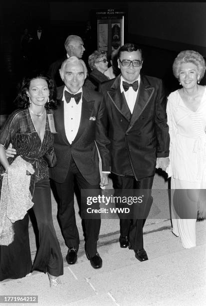 Nancy Deale, Lorne Greene, Ross Hunter, and guest attend a party, celebrating the local opening of the "A Chorus Line" tour, in Los Angeles,...