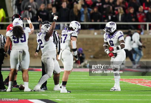 The TCU Horned Frogs defense reacts after a fourth down stop during the third quarter of against the Texas Tech Red Raiders at Jones AT&T Stadium on...