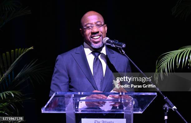 Senator Rev. Raphael Warnock speaks onstage during the premiere of AJC's "The South Got Something To Say" documentary screening at Center Stage...