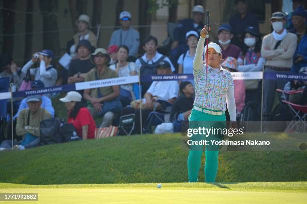 Jasmine Suwannapura of Thailand lines up a putt on the 18th green during the second round of the TOTO Japan Classic at the Taiheiyo Club's Minori...