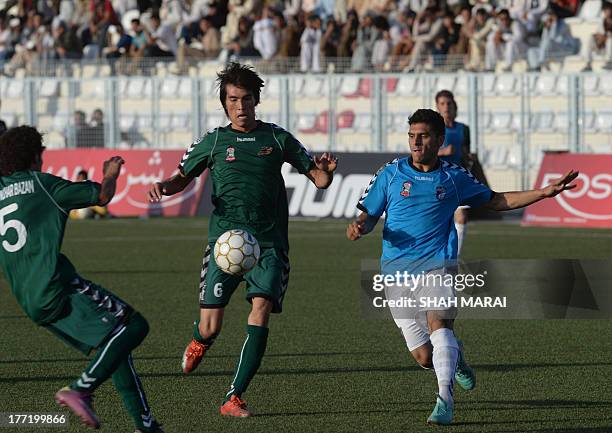 Afghan football players from Tofaan Harirod and Spinghar Bazan fight for the ball during game of the Roshan Afghan premiere league at the Afghanistan...