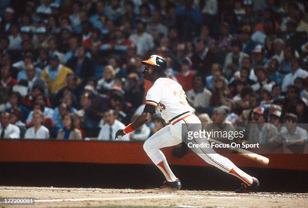 First baseman Eddie Murray of the Baltimore Orioles bats during an Major League Baseball game circa 1981 at Memorial Stadium in Baltimore, Maryland....